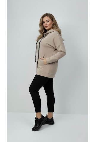Koza Butik Kadın Büyük Beden Uzun Kollu Kapüşonlu Fermuar Detaylı Sweatshirt 2007 Gri