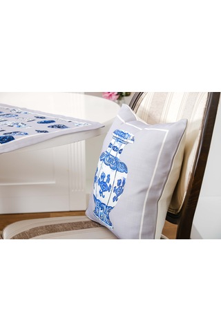 Finezza Vista Baskılı Kumaş Kreme Mavi Kırlent Kılıfı 45x45  İkili - 1429