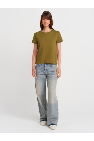 Dilvin 31757 Bisiklet Yaka Dikiş Detaylı T-shirt-yağ Yeşil Yağ Yeşil