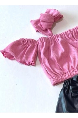 Özge Başaran Kız Çocuk, Likralı Deri Fiyonk Detaylı Pantolon, Pembe Straplez Crop Bluz Ve Saç Pembe