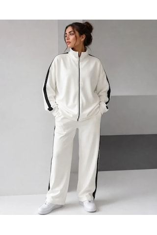 DefyModa Scuba Kumaş Oversize Şerit Detaylı Fermuarlı Alt Üst Eşofman Takımı - Beyaz