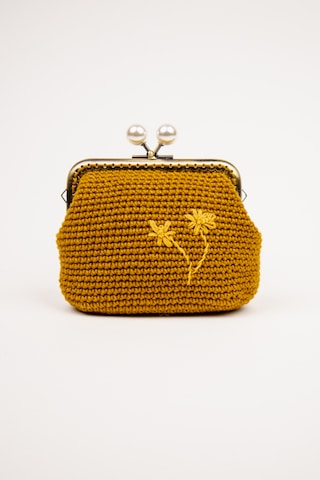Fabric Craft Bag Kadın Örgü Cüzdan Klipsli, Merserize İplik Çiçek Nakışlı Cüzdan Hardal Sarısı