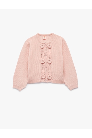 Koton Aplike Gül Detaylı Uzun Kollu Bisiklet Yaka Düğmeli Triko Hırka Pembe 6wmg90027ht Gül