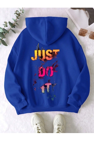 Startmore Mavi Unisex Erkek/kadın Justdoıt Renkli Özel Baskılı Oversize Kapüşonlu