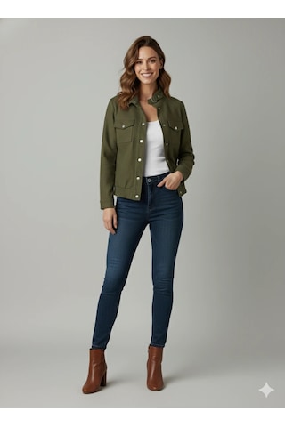 Kadın Taba Zarif Kısa Ceket Toka Detaylı Dik Yaka Cepli Süet/kaşe Baharlık Ceket Haki Yeşili