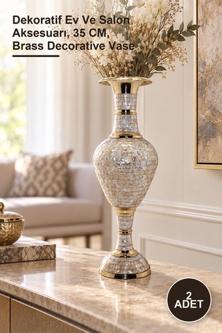 2 Adet Pirinç Sedefli Vazo Dekoratif Ev Ve Salon Aksesuarı, 35 Cm, Brass Decorative Vase Nar