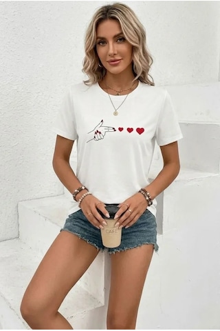 Hazego Minimal Kalp İşaret Baskılı Tişört Kısa Kol Yazlık T-shirt - Beyaz