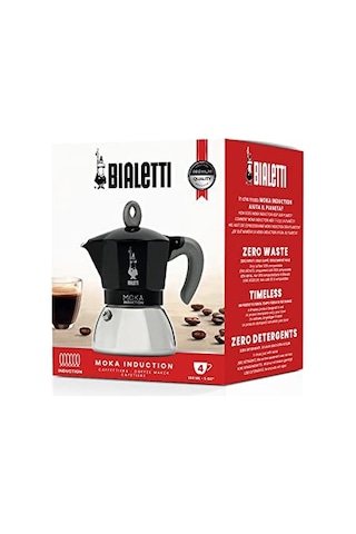 Bialetti - Moka İndüksiyon Siyah: 4 Cups Ocak Üstü Espresso Pişirici - 150ml - Alt Hazne: Dış Paslanmaz Çelik İç Alüminyum - Patentli Güvenlik Valfi - İndüksiyon Ocak Türleri İçin Uygundur Enerji Sınıfı A+
