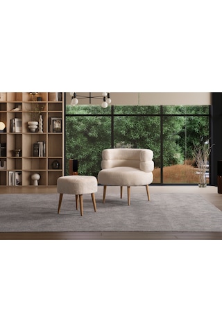 Barel Özel Tasarım Çay Seti, Berjer Ve Puf Ofis Balkon Cafe Bahçe Salon Mobilyası 2 Li Takım Krem Krem