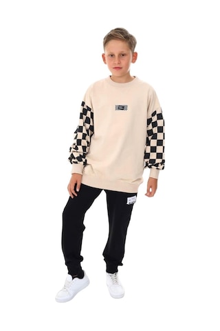 Erkek Çocuk East Coast Yazılı Kolları Dama Desenli Sweatshirt-13413-camel