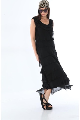 Italyan 2 Beden İnce Gösteren Kat Kat Kolsuz Ipek Elbise Siyah