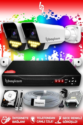 Bayicam 2 Kameralı Süper 2 Dış Kamera Set 2 TB 5 MP 2K Renkli Gece Görüşlü Güvenlik Kamerası Sistemi