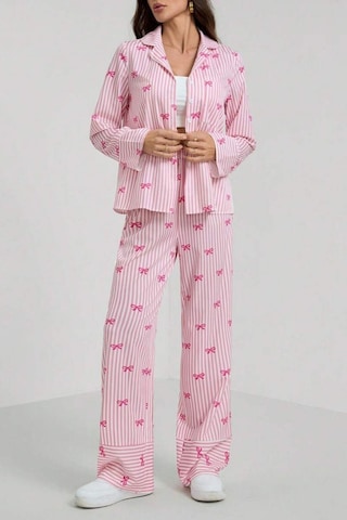 Bella Notte Pembe Fiyonk Baskılı Çizgili Pijama Takımı