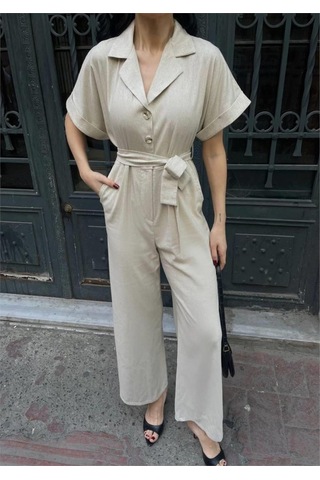 Gülsüm Aydın Keten Tulum Bel Bağlama Detaylı - Krem Krem