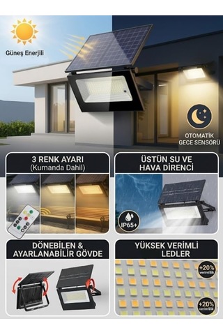 60 Watt Güneş Enerjili Led Projektör Bahçe Lambası 155 Led 3 Renk