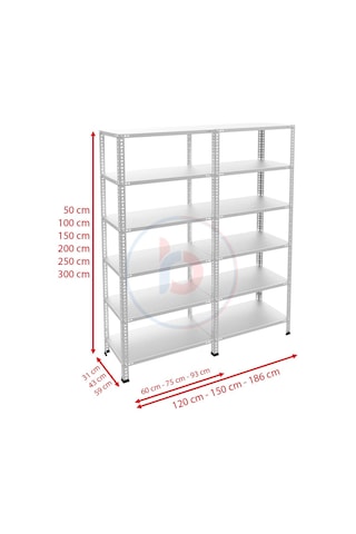 Raf Burada  6 Katlı Duble Galvaniz Çelik Raf - Depo, Arşiv, Kiler, Dosya, Market Rafı-43x93 cm-150 cm-1.00 mm