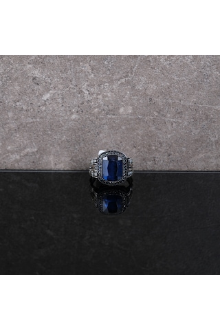 Safir Lacivert Ve Mikro Zirkon 925ayar Gümüş Erkek Yüzük
