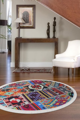 Dijidekor 9010 Patchwork Temalı Saçaklı Dijital Yuvarlak Halı Kaymaz Yıkanabilir 9010-yuvarlak-sacaklı