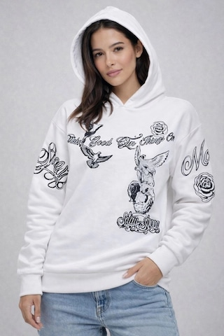 Novalisse Kadın 3 İplik Pamuklu Kapüşonlu Baskılı Sweatshirt Hoodie - Beyaz Çoklu Renk