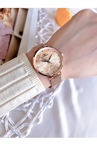 Ferro Hasır Kordonlu Rose Gold Kararmaz Renk Atmaz 3 Atm Özel Tasarım Kadın Kol Saati Bf40-087