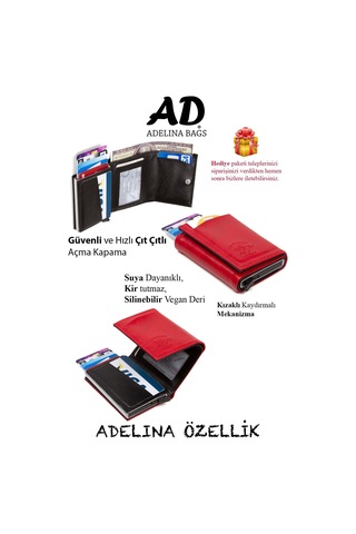 Adelina Unisex Kırmızı Alüminyum Mekanizmalı Kızaklı Kartlık Cüzdan Kırmızı