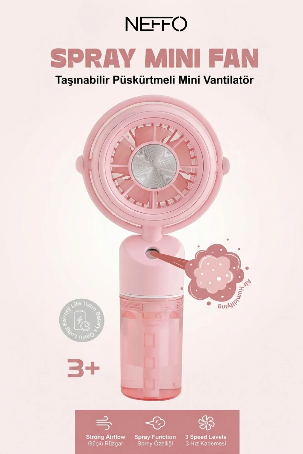 Taşınabilir Püskürtmeli Mini Fan Vantilatör 3 Kademeli Güçlü Sprey Fan Serinletici