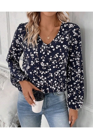 Moderie Butik Kadın Uzun Kollu V Yakalı Çiçek Desenli Modal Bluz Lacivert