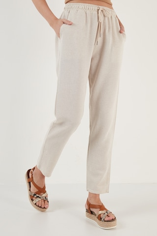 Lela Pamuk Ve Keten Karışımlı Yüksek Bel Rahat Kesim Cepli Bayan Pantolon 5865019 Bej