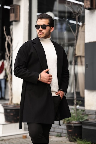 Mero Life Erkek Siyah Kemerli Oversize Rahat Kesim Kaşe Kaban Siyah