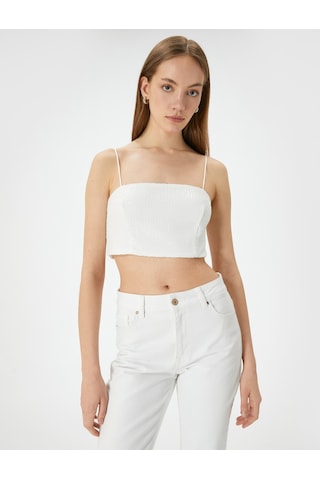 Koton Pullu Payetli Askılı Abiye Üst Crop Slim Fit Kırık Beyaz 4sak30010fk Ekru