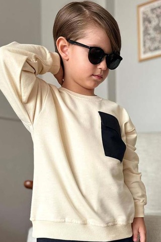 Riccotarz Erkek Çocuk Kapak Cepli Bisiklet Yaka Sweatshirt Krem Eşofman Takım