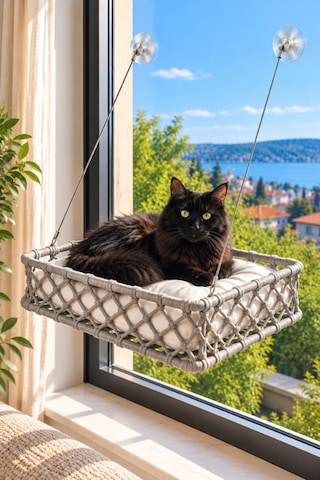Reyo Tasaryum El İşçiliği Bohem Makrome Kedi Ve Küçük Köpek Cam Hamak Yatağı Güçlü Vantuzlu, Minderli - Antrasit