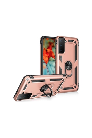 Newface - 641 - Samsung Galaxy Uyumlu S21 Kılıf Sofya Yüzüklü Silikon Kapak - Csmo-tex - - Rose