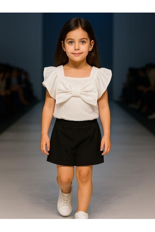 Kız Çocuk Pamuklu Fiyonklu Taşlı Bluz-15894 Ekru