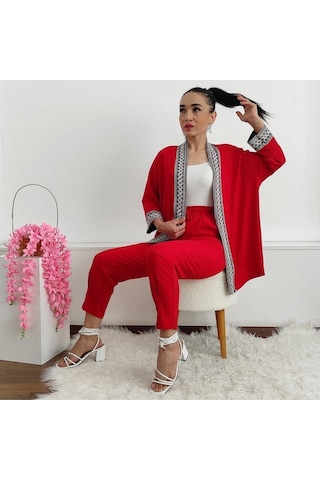 İpli Dar Nakışlı Kimono Takımı Siyah