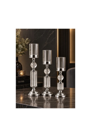 Kristal Ve Cam Detaylı Metal Şamdan Krom