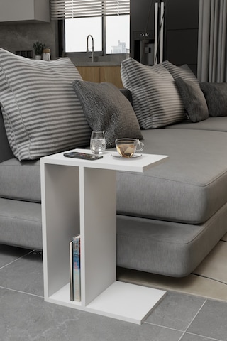 Alpa Ev Mobilya C Tasarım Koltuk Yanı Sehpa, Kitaplıklı Modern Laptop & Kahve Sehpası, Orta Sehpa Beyaz