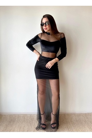 Kadın Balıkçı Yaka Transparan Dekolteli Fırsat Ürün Elbise Siyah