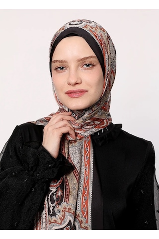 Luvensara Etnik Desen Hint İpeği Şal Kiremit-siyah