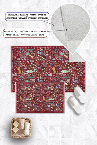Modern Desenli Baskılı Kaymaz Taban 2li Set Banyo Paspası Klozet Takımı 50x60cm-60x100cm Kırmızı