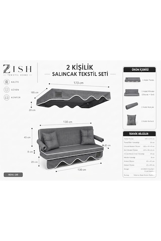 Altaleno 2 Kişilik 130 45 Cm Süngerli Bahçe Balkon Salıncak Minderi Yıkanabilir Kılıflı, Tenteli Keten Kumaş Tekstil Seti 24 Dns 8 Cm Orta Sert Sünger Gri