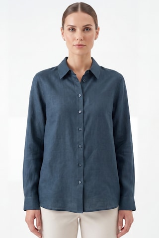 Goffra Kadın Gia %100 Doğal Keten Gömlek - Klasik Yaka Basic Minimalist Tasarım Lacivert W207-k0401-03
