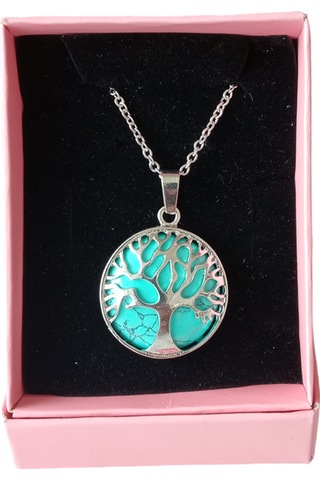 Turkuaz Doğal Taşlı Hayat Ağacı Çelik Kolye - Kadın Mor