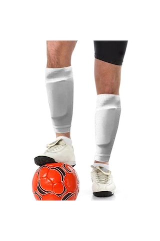 Pazly 3 Çift Beyaz Futbol Çorabı + 3 Çift Polyester Baldır Kılıfı Seti, Gümüş Renk Gümüş