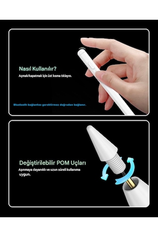 Apple Uyumlu iPad 2018 Sonrası İçin Avuç İçi Red Palm Rejection Özellikli Yazı Çizim Kalemi Beyaz