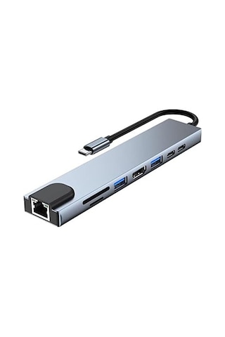 Px-u520 8 İn 1 Type-c Çoklayıcı Adaptör, 4k 30hz Hdmı Usb-c Hub, 2x Usb 3.0 Rj45 Gigabit Ethernet Sd Micro Sd Kart Okuyucu 2x Pd Şarj Portlu Gri Metal Usb-c Çevirici, Macbook Uyumlu Laptop Pc İçin