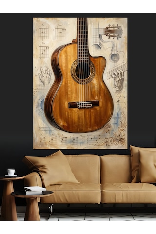Antik Kağıtta Klasik Akustik Gitar Dekoratif Kanvas - Mdf Ahşap Tablo