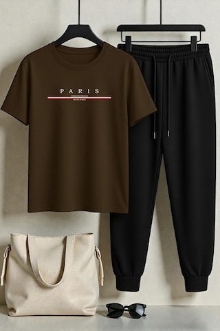 Uyguntarz Unisex Paris Tasarım Baskılı Tişört - 2'li Eşofman Takımı Kahverengi