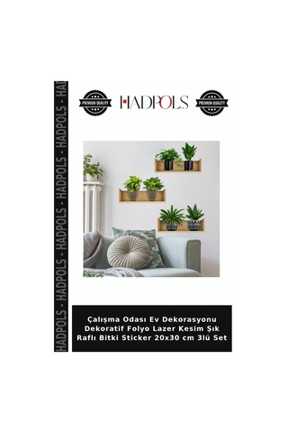 Çalışma Odası Ev Dekorasyonu Dekoratif Folyo Lazer Kesim Şık Raflı Bitki Sticker 20x30 Cm 3lü Set Şeffaf