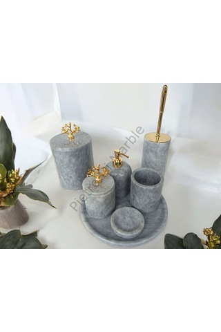 Gri Mermer Klasik Model 7 Parça Gold Renk Mercan Aksesuarlı Banyo Seti Gri